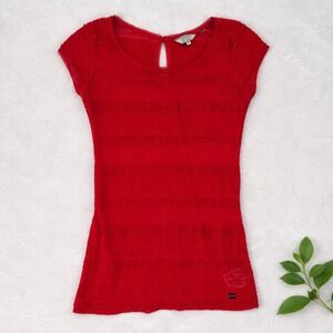 Guess Lace Ruffle Cap‎ Sleeve Top Womens Size M Red Textured Knit Coquette Boho
